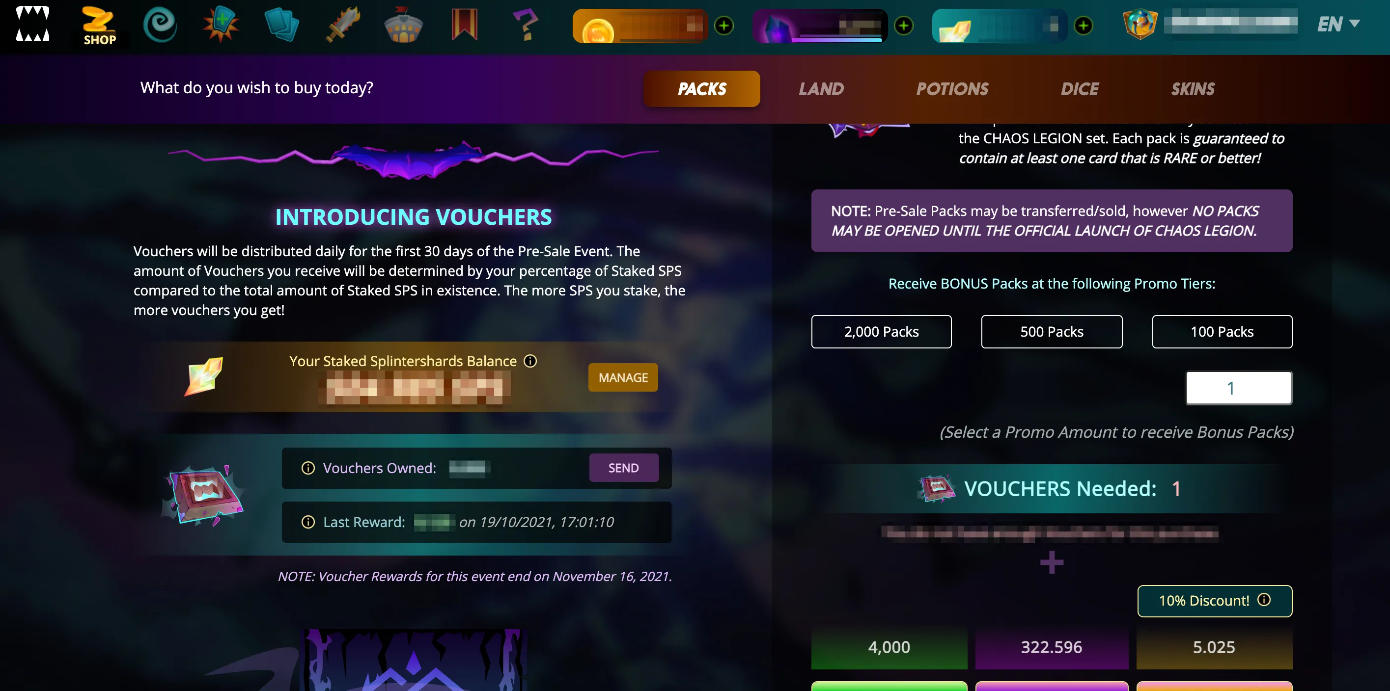 Once on the shop tab, scroll down to the Chaos Legion voucher section and click send.