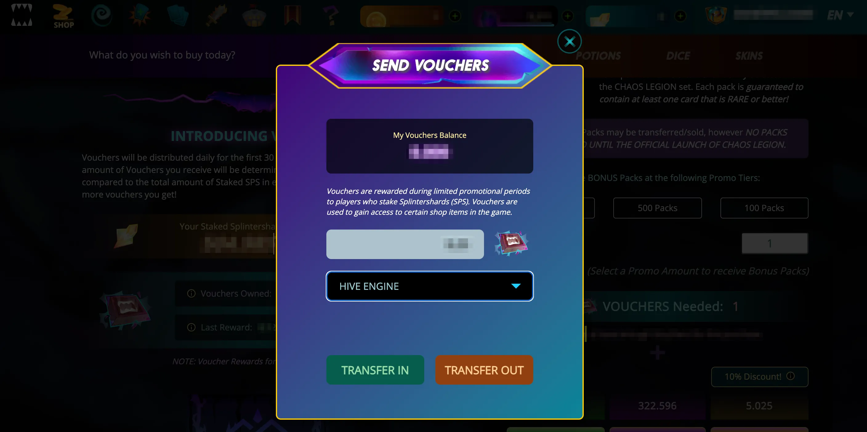 Send your Splinterlands Chaos Legion vouchers by transferring out to Hive-Engine.