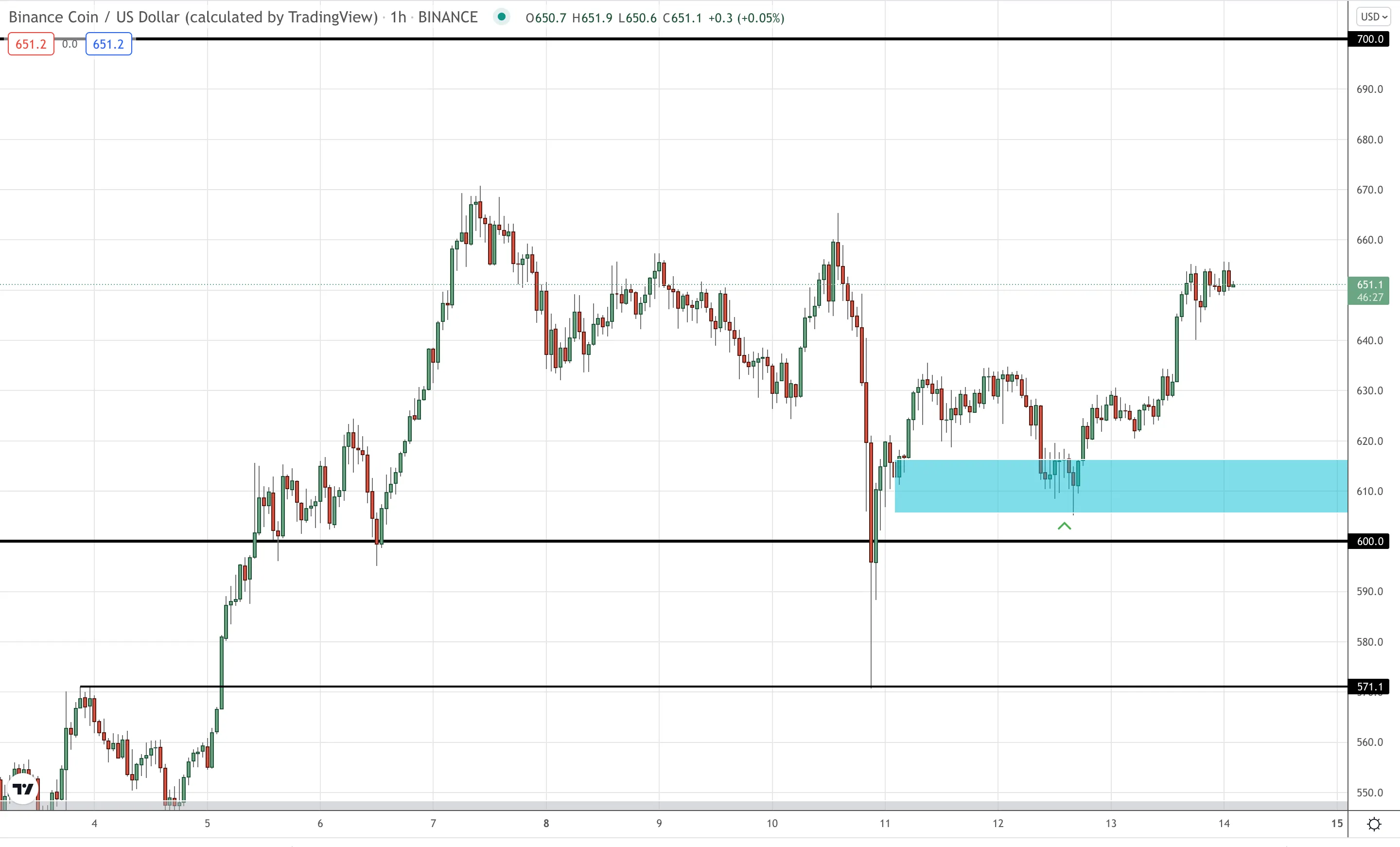 BNB hourly price action.